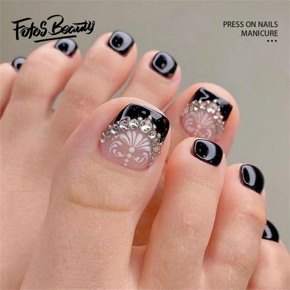 Fofosbeauty 24 PCS Toe Nail Designs 2022, Short Square Press on Toenails, Black French with Stones