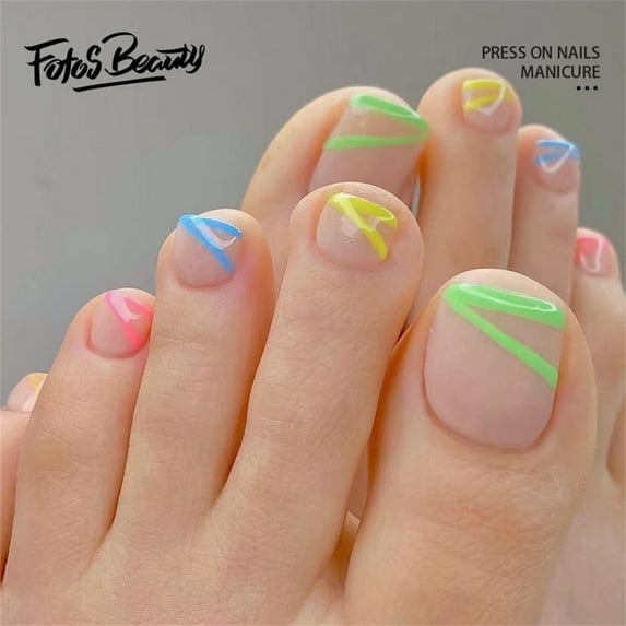 Fofosbeauty 24 PCS Toe Nail Designs 2022, Short Square Press on Toenails, Color Festival