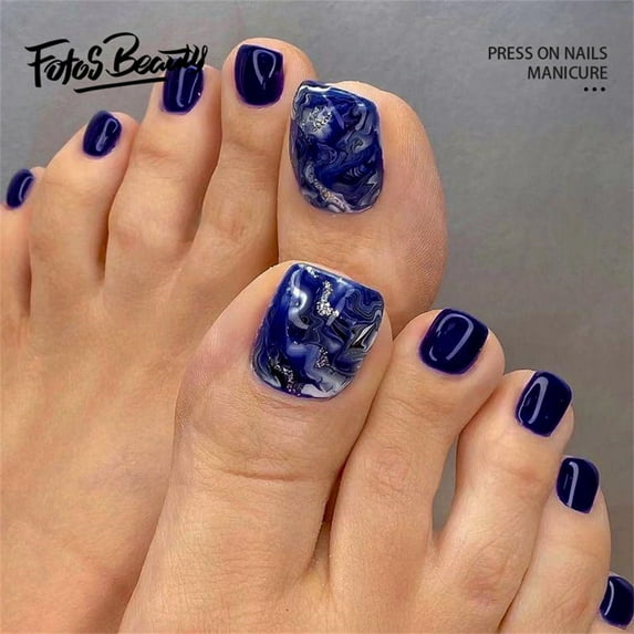 Fofosbeauty 24 PCS Toe Nail Designs 2022, Short Square Press on Toenails, Universal Blue Print