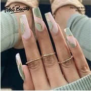 Fofosbeauty 24 Pcs Coffin Press on Nails Long, Fake Nails Glue on Nails,Nude Matte False Nails with Glue, Acrylic Nails for Women and Girls with Green Spotted