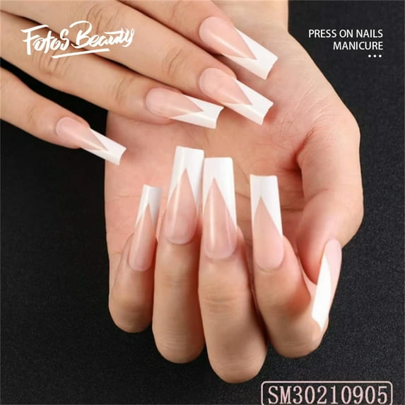 Fofosbeauty 24 Pcs French White Extra Long Press on Nails Coffin Long, Fake Nails Glue on Nails,Glossy Pink False Nails with Glue, Acrylic Nails for Women and Girls