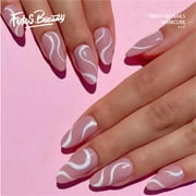 Fofosbeauty 24 Pcs Press on Nails Medium, Fake Nails Almond Glue on Nails, False Nails with Glue, Acrylic Nails for Women and Girls, Pop Art White Ruched