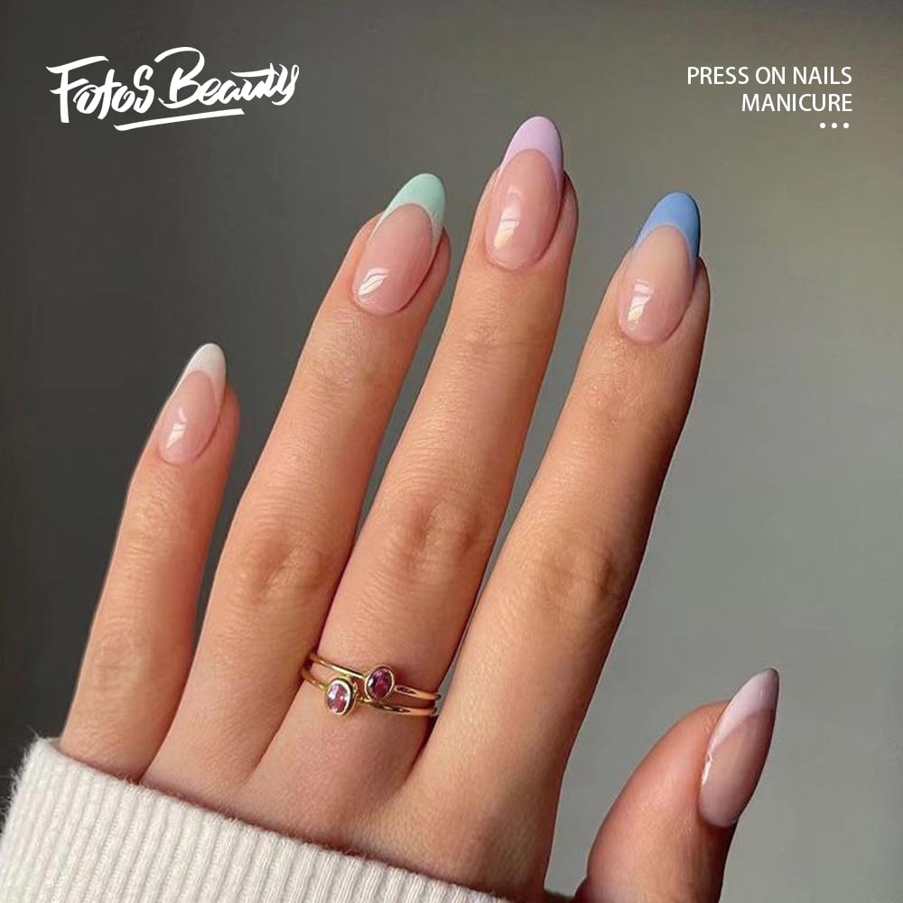 Fofosbeauty 24 pcs Almond Fake Nails, Medium Press on French Tip Nails, Almond Colorful Weekdays