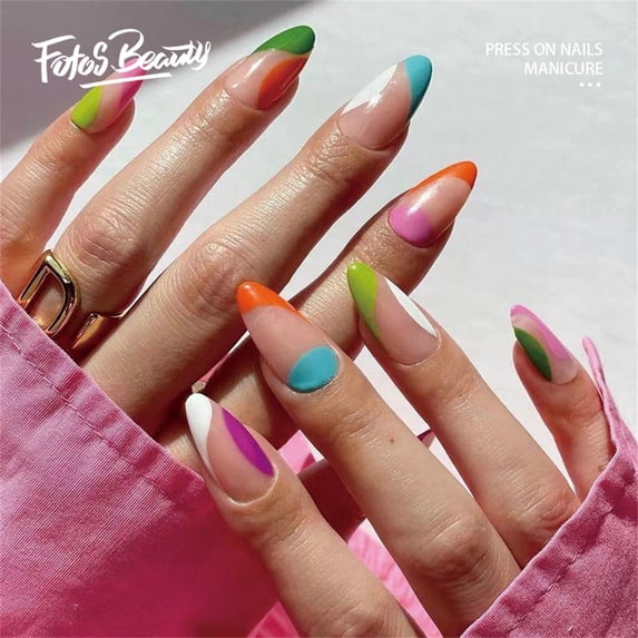 Fofosbeauty 24 pcs Almond Fake Nails Tips, Medium Press on French Nails, Almond Colorful Pop Arts Shining Day