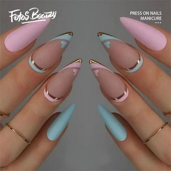 Fofosbeauty 24 pcs Almond Fake Nails Tips, Medium Press on French Nails, Almond Macaron Pink Mint Matte