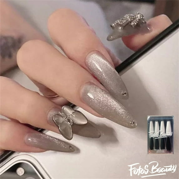 Fofosbeauty 24 pcs Almond Fake Nails Tips, Medium Press on French Nails, Cateye Sliver Butterflies