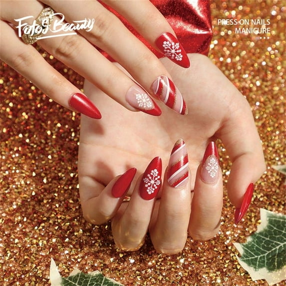 Christmas Nails Fofosbeauty 24 pcs Almond Nails Tips, Medium Press on French Nails, Christmas Almond Snow Red French Waves