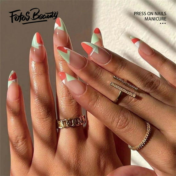 Fofosbeauty 24 pcs Almond Fake Nails Tips, Medium Press on French Nails, Dunhuang Color