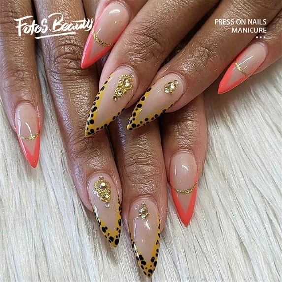 Fofosbeauty 24 pcs Almond Fake Nails Tips, Medium Press on French Nails, Wild V French with Diamonds