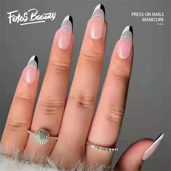 Fofosbeauty 24 pcs Almond Nails Designs 2022, Medium Press on Nails Tips, French B&W on Top