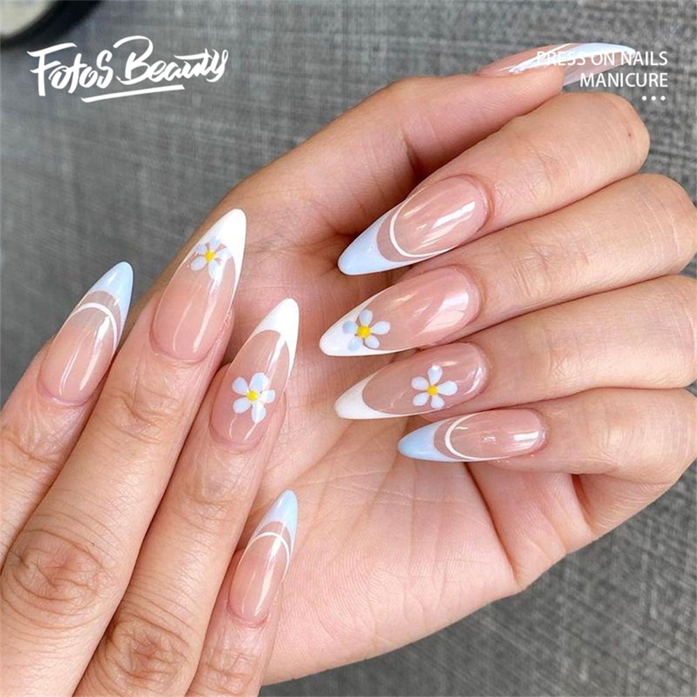 almond nails white design