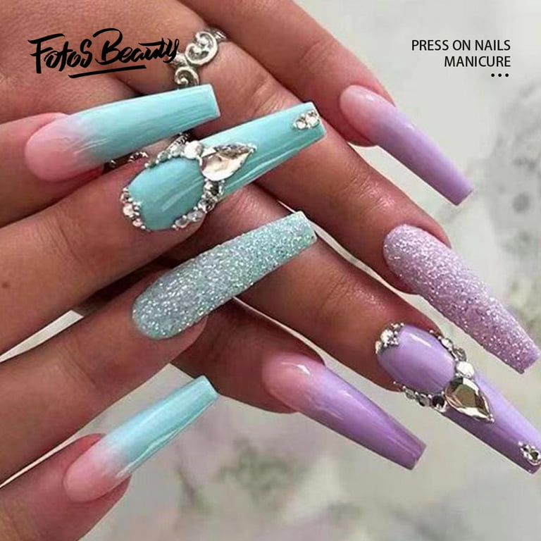 Fofosbeauty 24 pcs Long False Nails, Press-on Nails Designs 2022, Diamonds  Mint and Light Purple 