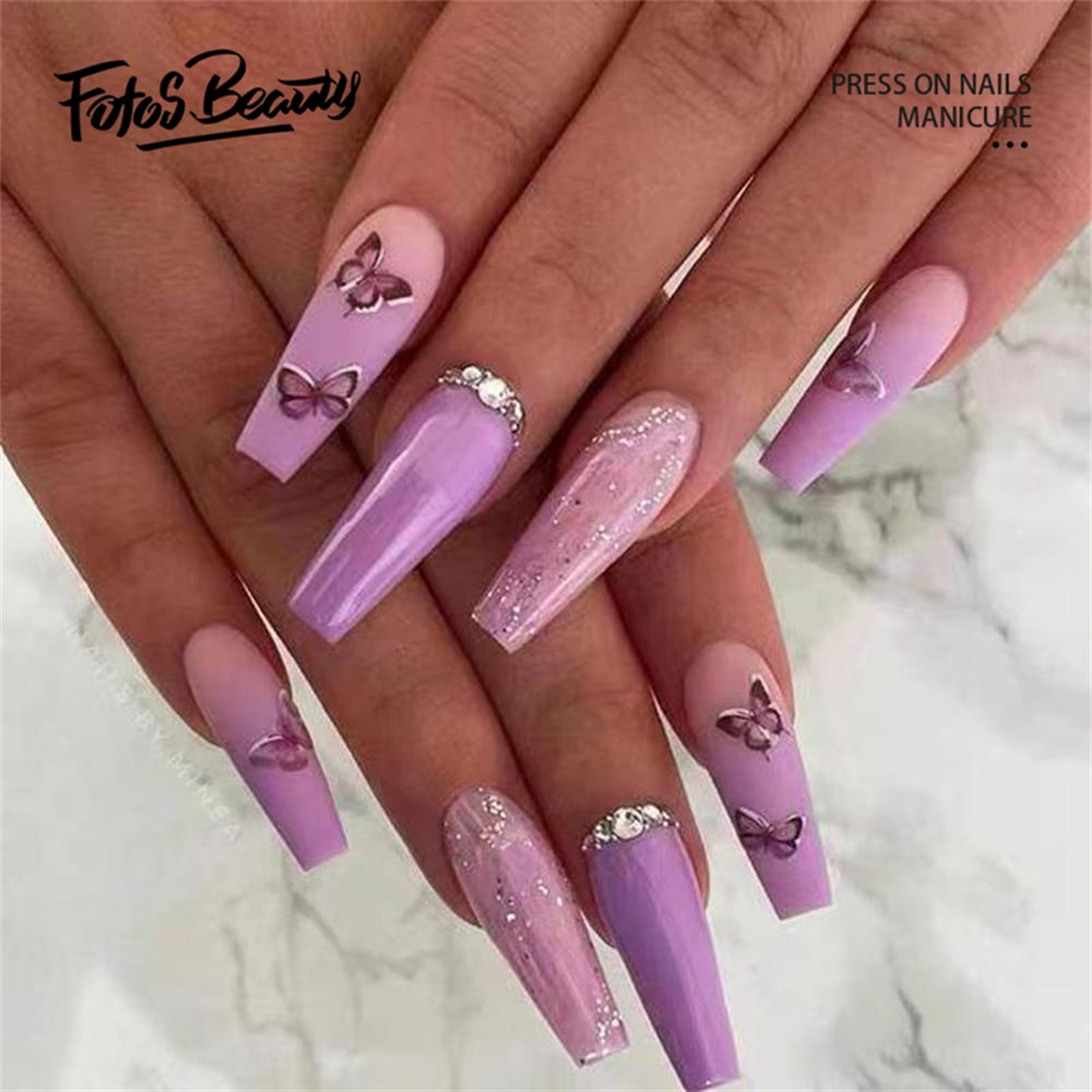 Extra Long Press on Nails,Glossy Ballets Coffin Gradient White Pink Fake  Nails with Cross Design,Acrylic Full Cover Gel Nails and Glue Kits,24 Pcs 