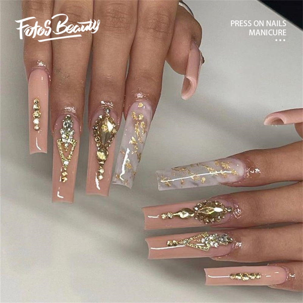 long gold nails with rhinestones｜TikTok Search
