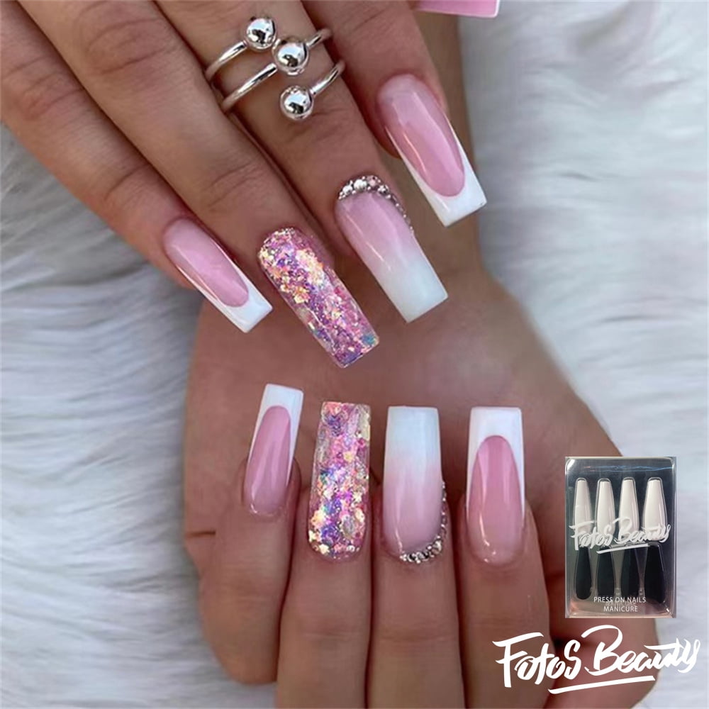 24Pcs Pink Press on Nails Short Glossy Gradient Fake Nails False Nails with  Rhinestones Designs Glitter Powder Glue on Nails Artificial Acrylic Nails  Office Home Stick on Nails for Women Girls Medium