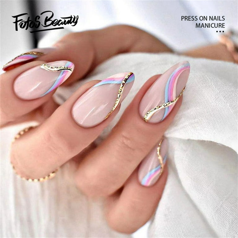 24 Piece Almond Shaped Pink Glitter French Tip Press Ons Fake Nails Glossy