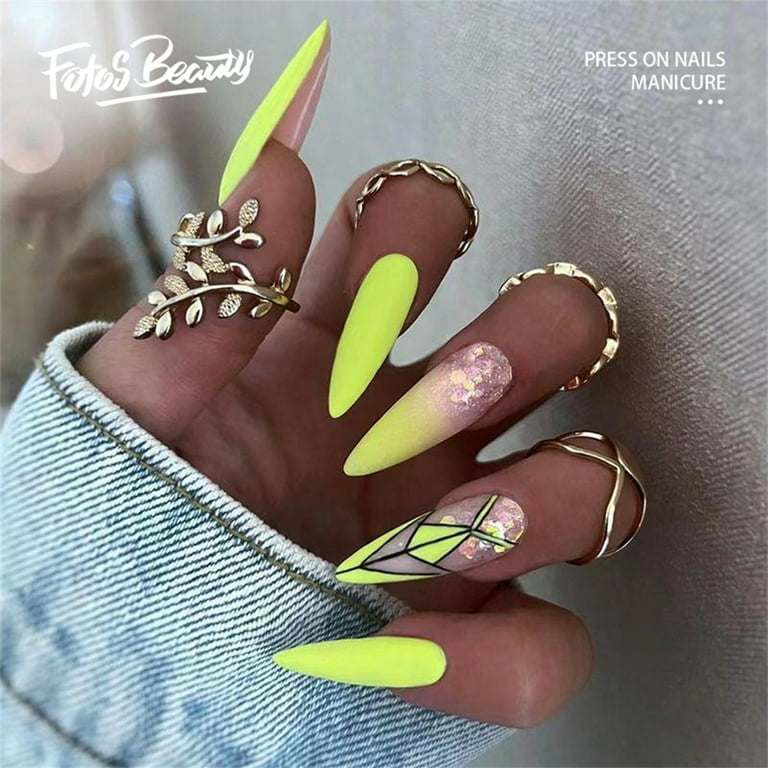 Fofosbeauty 24 pcs Medium False Nails Press on Nails Designs 2022 Almond Sharp Yellow Gradual Prints