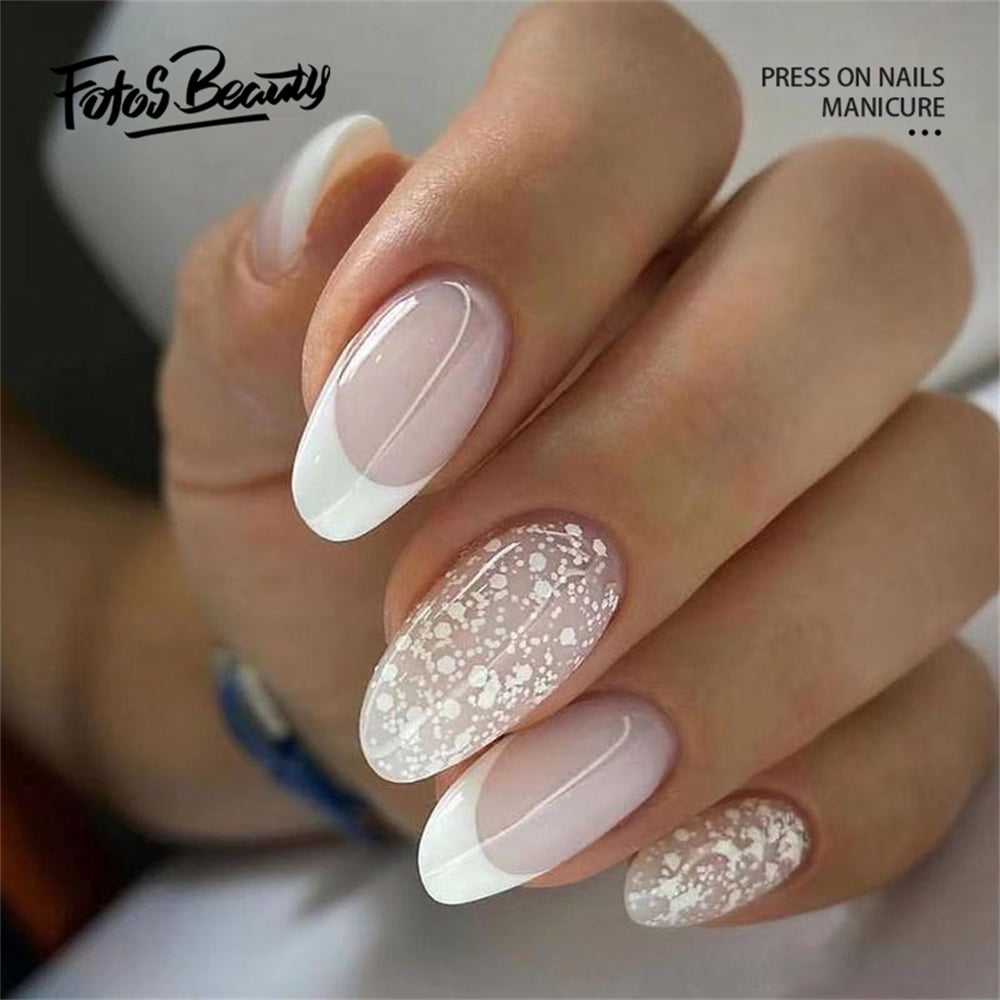 Amazon.com: White French Tip Press on Nails Long Length Coffin Ballerina Fake  Nails Glitter Line Designs False Nails Full Cover Clear Glue on Nails  Acrylic Artificial Nails Stick on Nails for Women