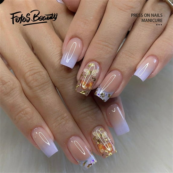 Fofosbeauty 24 pcs Press-on Acrylic False Nails, Nails Tips Designs 2023, Coffin Gradual Butterfly Gold Pink