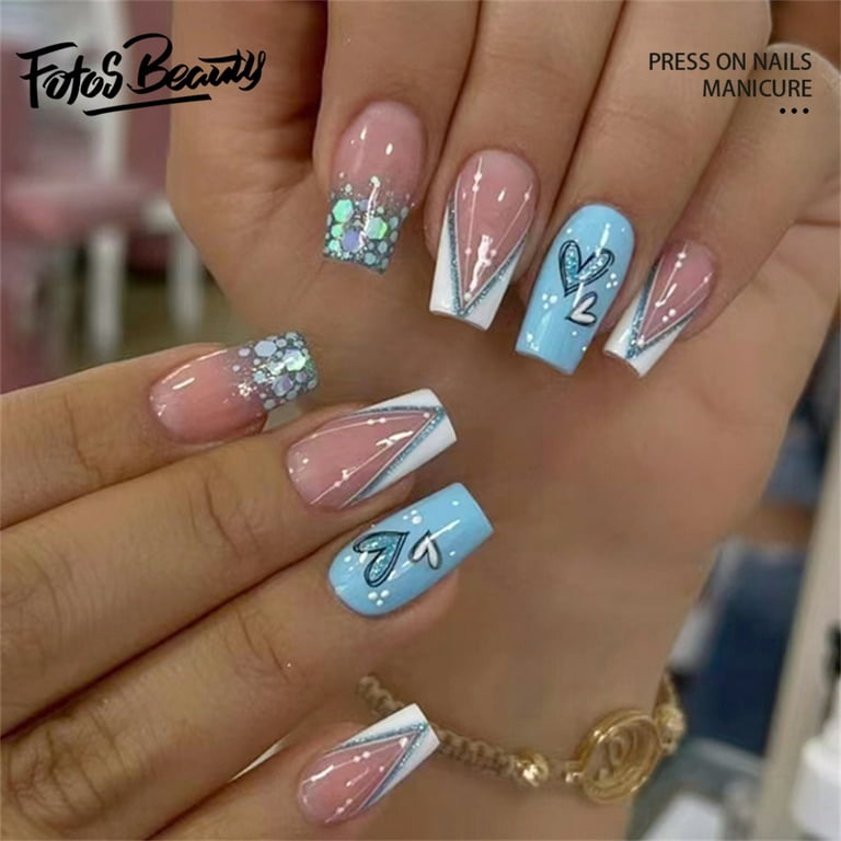 Fofosbeauty 24 pcs Fake Nails, Press On Nails Designs 2023, Square Light  Blue French With Stones Shining