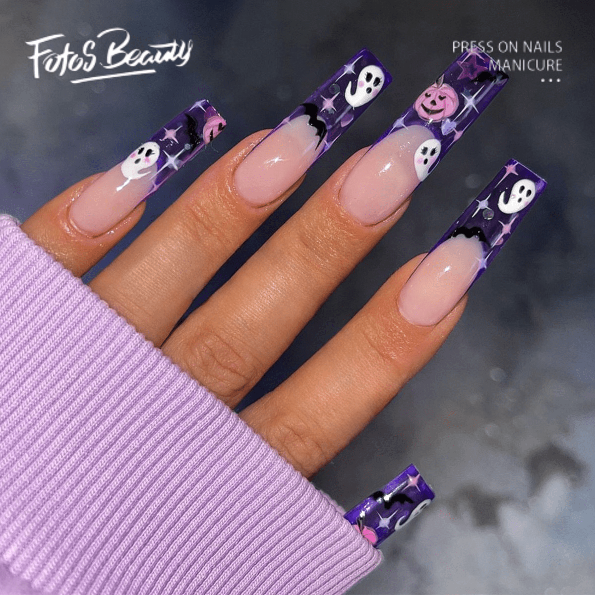 Heart French Purple False Nail Short Square Press on Nails for Nails Art  24pcs