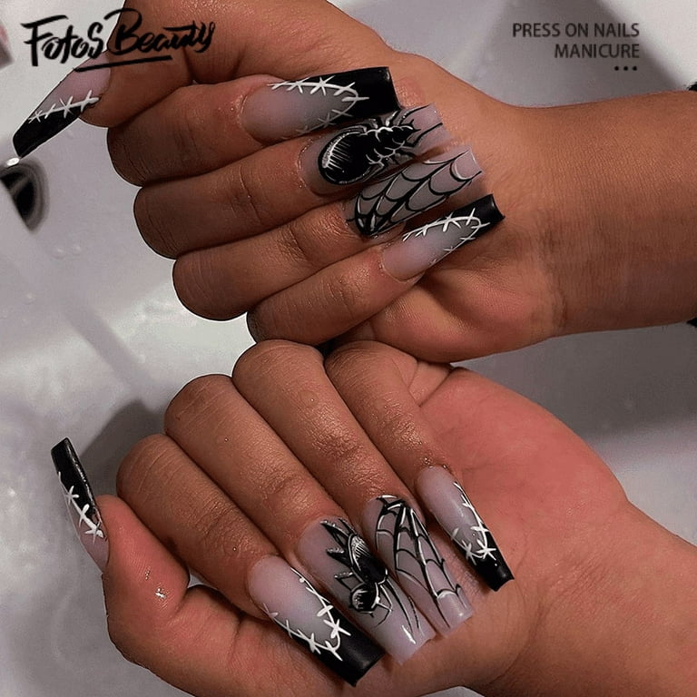 Fofosbeauty 24 Pcs Press-On Acrylic False Nails, Nails Tips Designs 2023,Long Coffin French Gradual Spider Black