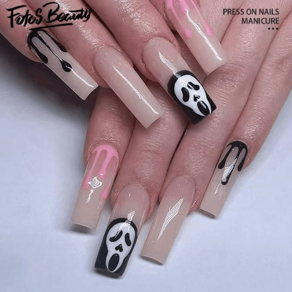 Fofosbeauty 24 pcs Press-on Acrylic False Nails, Nails Tips Designs 2023,Long Coffin Helloween Pink Black