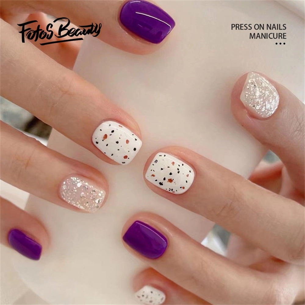 Purple Sparkly False Nail Short Square Press on Nails for Finger Nails Art  24pcs