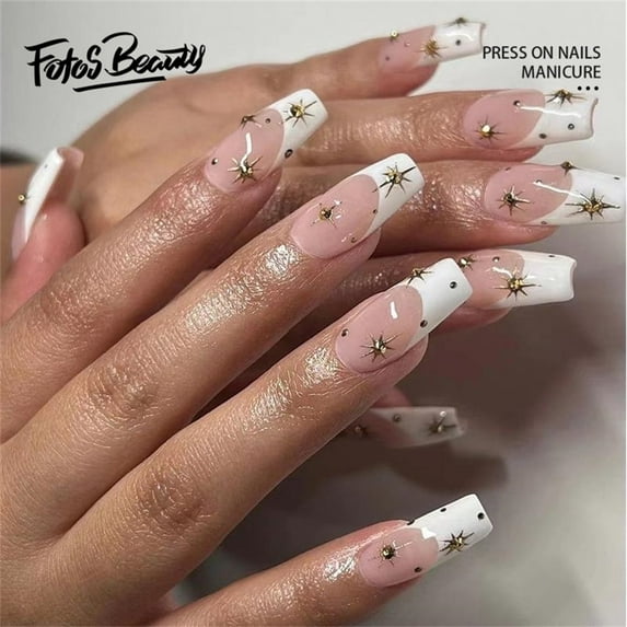Fofosbeauty 24 pcs Short Coffin False Nails, Press-on Nails Designs 2022, French with Twinkle