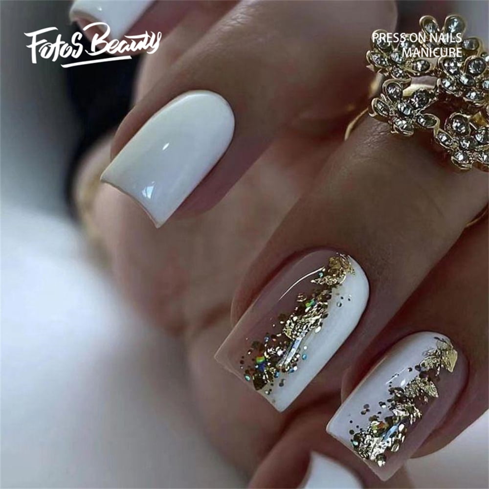 Fofosbeauty 24 pcs Short False Nails, Press-on Nails Designs 2023, Square  White Nude Gold in the Middle 