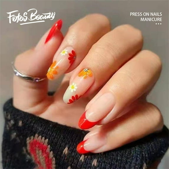 Fofosbeauty 24 pcs Summer Nails Designs 2022, Medium Almond Press on Nails Tips, Rainbow Macaron Waves