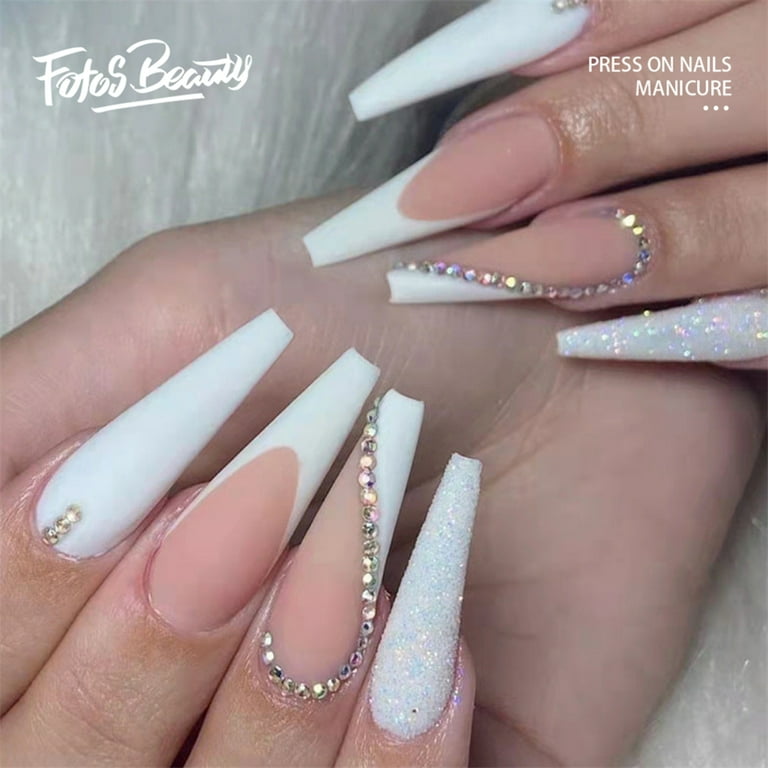 Fofosbeauty 24 PCS Coffin Press on Nails, Full Cover Long Fake Nails,White Rhinestones  Pink Glitter 