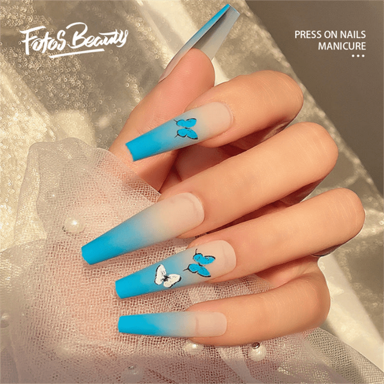 24 Pcs/set Blue Glitter Butterfly Fake Nails Long Coffin Acrylic