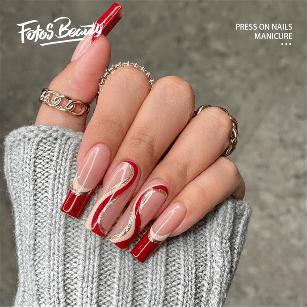 Red long nails coffin hotsell
