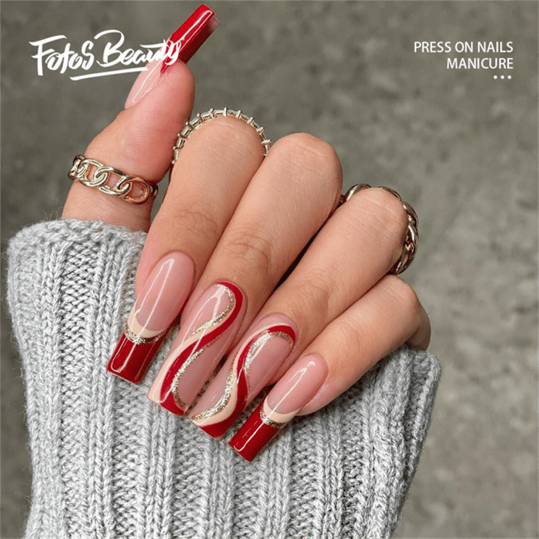 Coffin Long False Nail Flowers French Red Press on Nails for Nail Art 24pcs