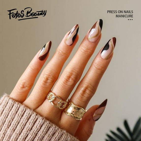 Fofosbeauty 24PCS Fake Press on Nails Medium Almond Fake Nails for Girls Women, Elegant Brown Dark Gold