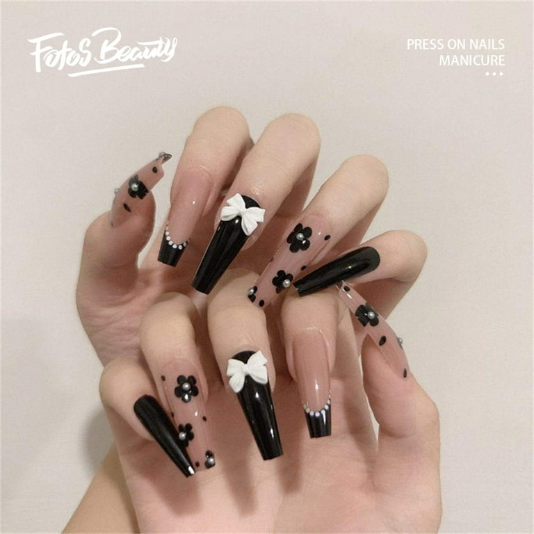  Christmas Square Press on Nails Short Medium Fake Nails Black  Acrylic French Nails with Snowflake Starry Night Full Cover Designs  Artificial Glue on Nails for Women and Girls 24 Pcs 