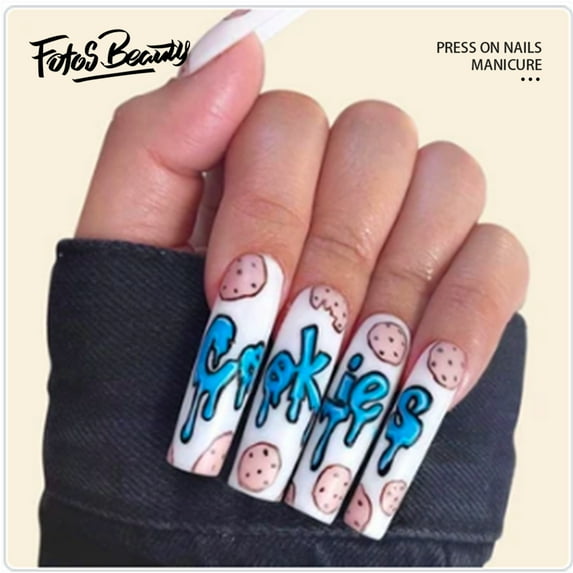 Fofosbeauty 24PCS Press on Fake Nails, Extra Long Coffin False Nails, Cookies