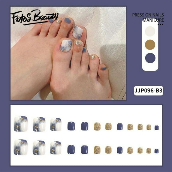 Fofosbeauty 24PCS Summer Hot Press on Short Toe Nails Square Fake Nails for Girls Women, Blue and White Smudged Gold Foil