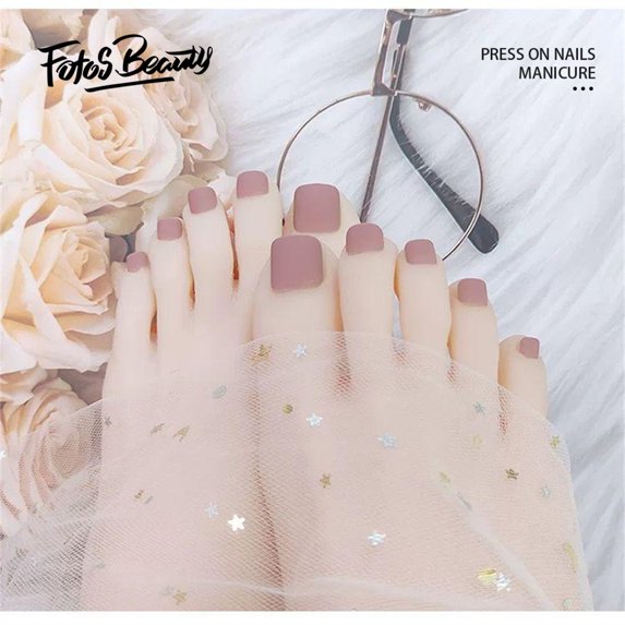 Fofosbeauty 24PCS Summer Hot Press on Short Toe Nails Square Fake Nails for Girls Women, Matte Nude Toe Nails