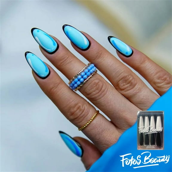 Fofosbeauty 24pcs Almond Fake Nails Tips, Medium Press on French Nails, Almond Cartoon Black Blue Print