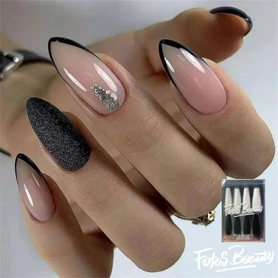 Fofosbeauty 24pcs Almond Fake Nails Tips, Medium Press on French Nails, Almond French V Black Powder Matte