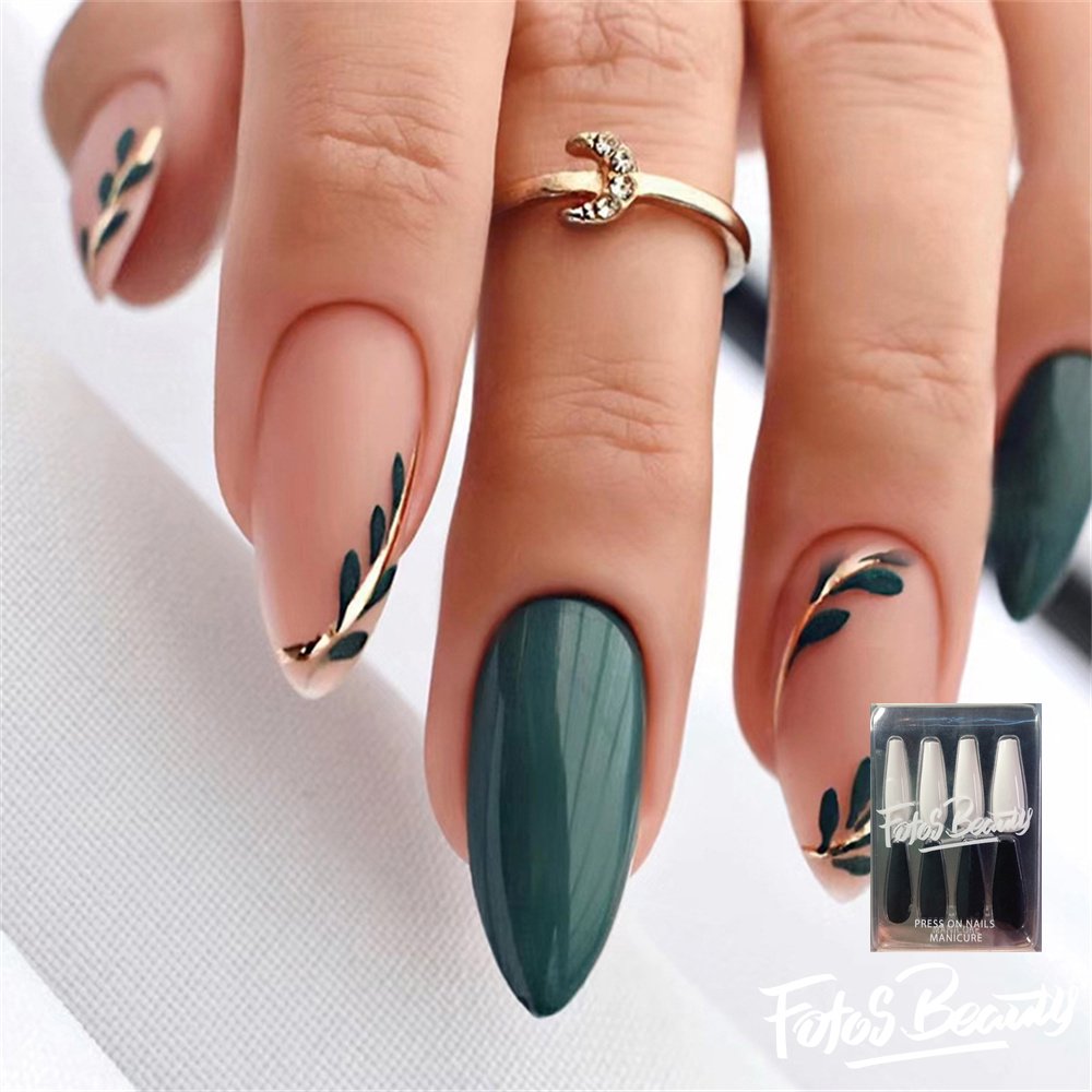 Fofosbeauty 24pcs Almond Fake Nails Tips, Medium Press on French Nails, Almond Leaf French Gel Ink Green
