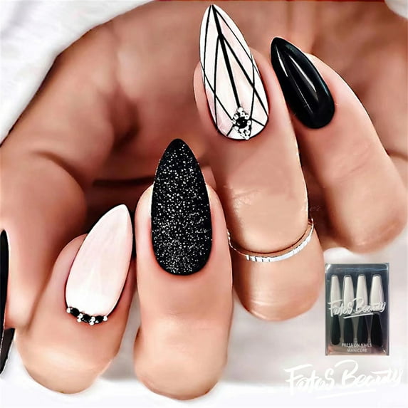 Fofosbeauty 24pcs Almond Fake Nails Tips, Medium Press on French Nails, Almond Nest B&W Elegant