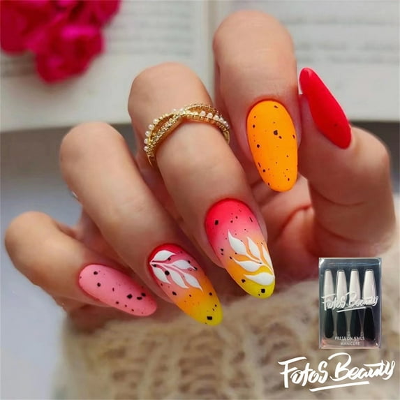Fofosbeauty 24pcs Almond Fake Nails Tips, Medium Press on French Nails, Almond Peach Orange Point Matte