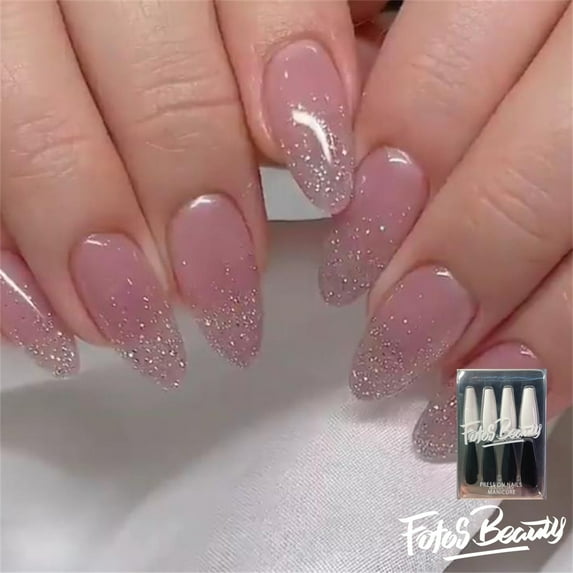 Fofosbeauty 24pcs Almond Fake Nails Tips, Medium Press on French Nails, Almond Pearl Sparkle Shin