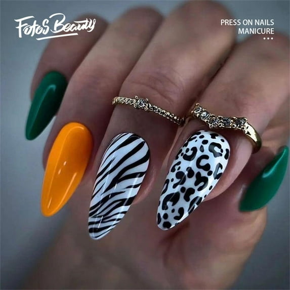 Fofosbeauty 24pcs Almond Fake Nails Tips, Medium Press on French Nails, Almond Wild Nature