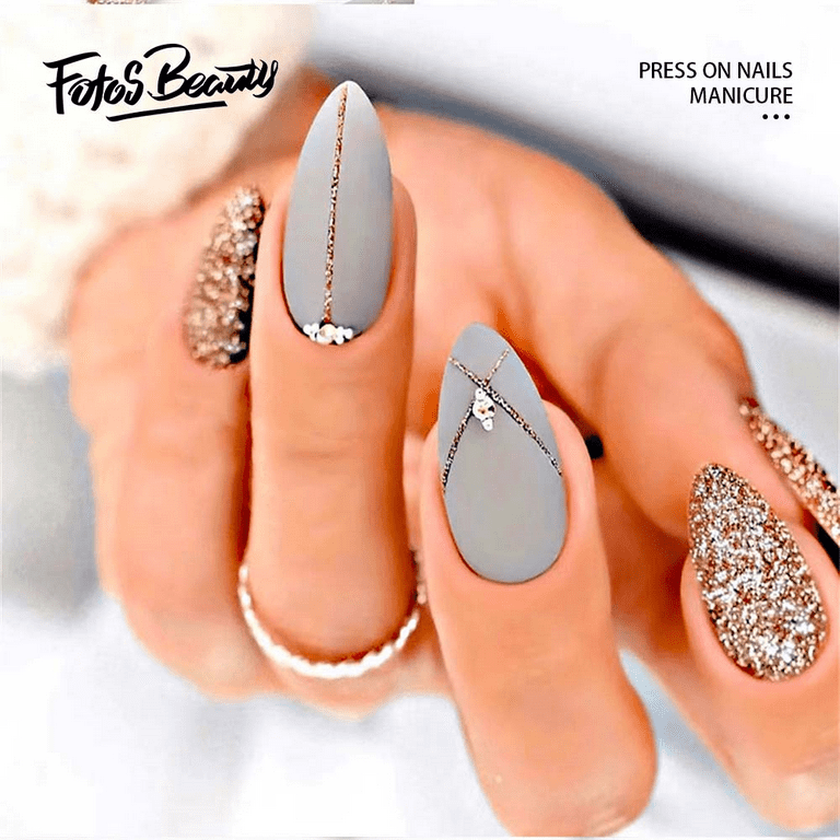 Fofosbeauty 24pcs Almond Fake Press-on Nails for Girls Women,Gray Frosted  Gold Glitter Rhinestones 