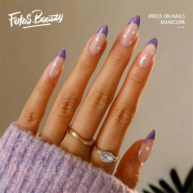 Fofosbeauty 24pcs Almond Press on Nails Tips Medium Length Full Cover Fake Nails Purple French Sparkle