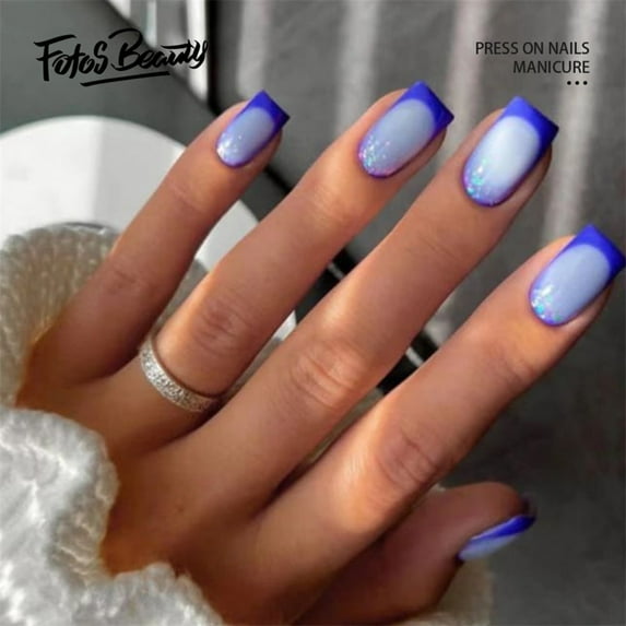 Fofosbeauty 24pcs Christmas on False Nails, Square Fake Nails, Short Square French Blue and Sliver